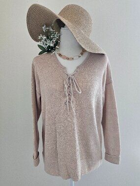 LOFT Beige Lace Up Knit Sweater Relaxed Fit Lightweight Size L